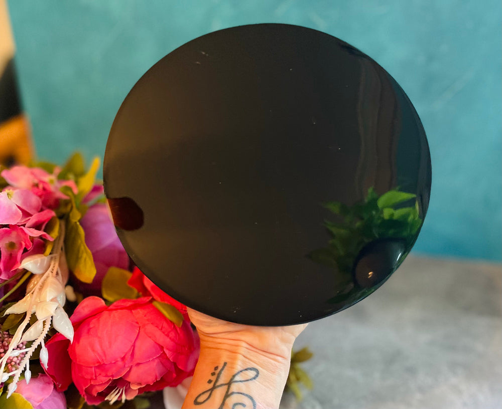 Black Obsidian Round Mirrors scrying mirror, 7 1/2 inches (ONLINE ORDER ONLY)