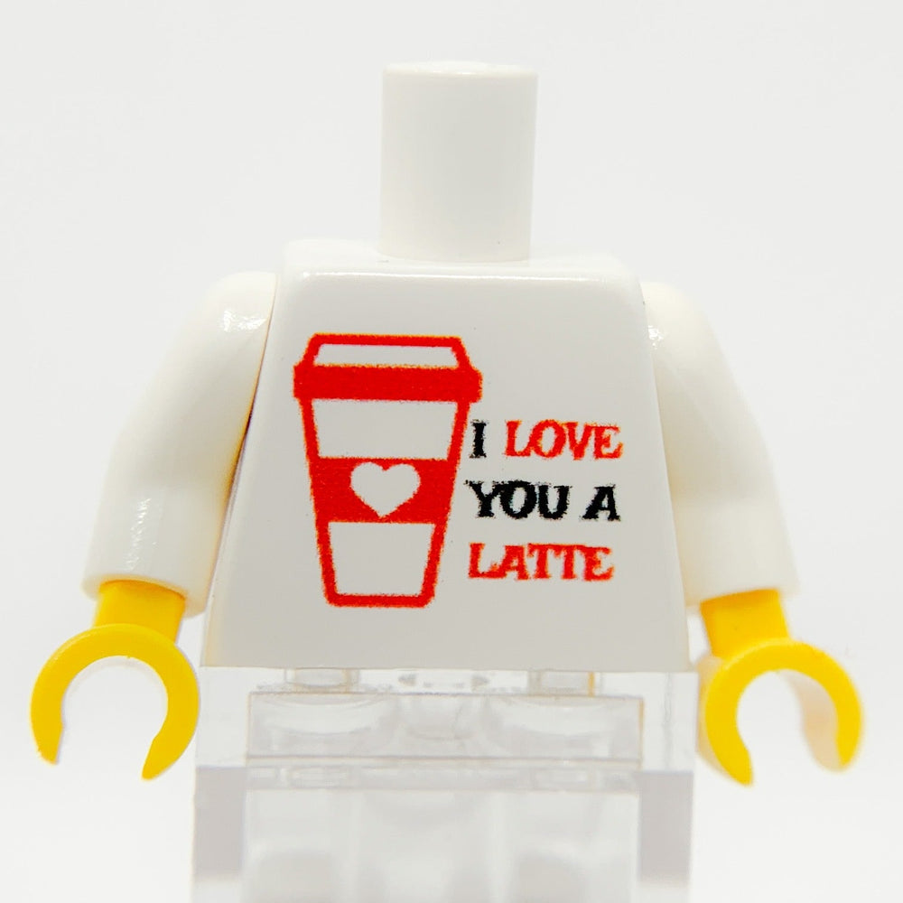 Printed "I Love You A Latte" Minifig Torso made using LEGO parts - B3 Customs (Online Order Only)