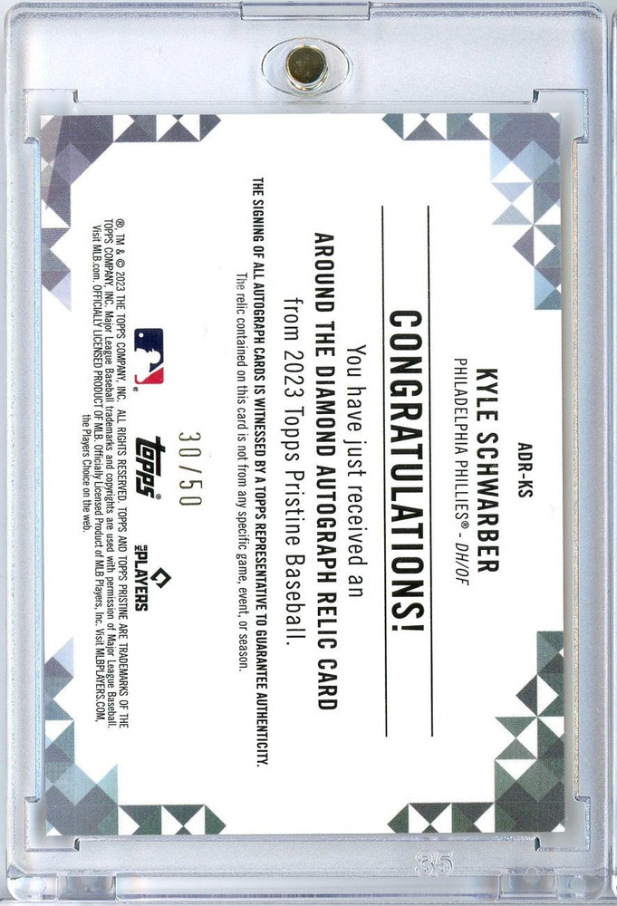 2023 Topps Pristine Kyle Schwarber #ADR-KS /50 Around the Diamond Auto Relic Philadelphia Phillies Baseball Card (ONLINE ORDER ONLY)