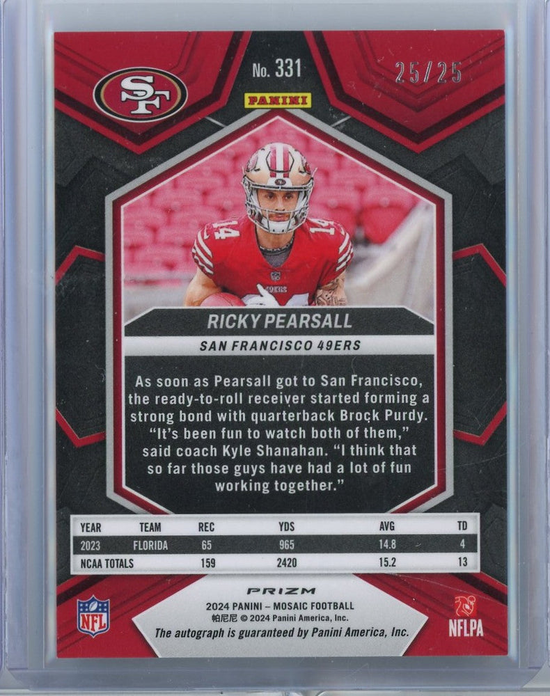 2024 Panini Mosaic Ricky Pearsall #331 25/25 Green Auto Rookie RC Football Card (ONLINE ORDER ONLY)