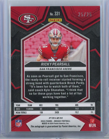2024 Panini Mosaic Ricky Pearsall #331 25/25 Green Auto Rookie RC Football Card (ONLINE ORDER ONLY)