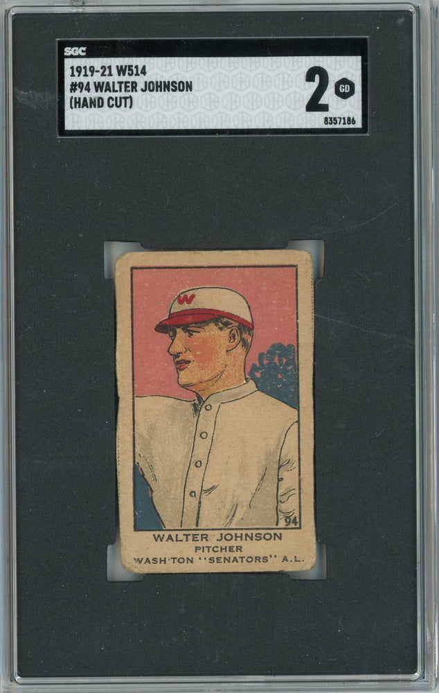 Graded 1919-21 W514 Walter Johnson #94 Hand Cut Baseball Tobacco Card SGC 2 (ONLINE ORDER ONLY)