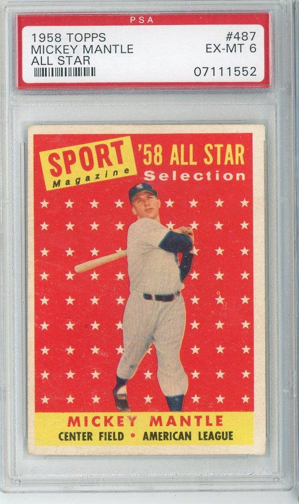 Graded 1958 Topps All Star Mickey Mantle #487 Baseball Card PSA 6 EX-MT (ONLINE ORDER ONLY)