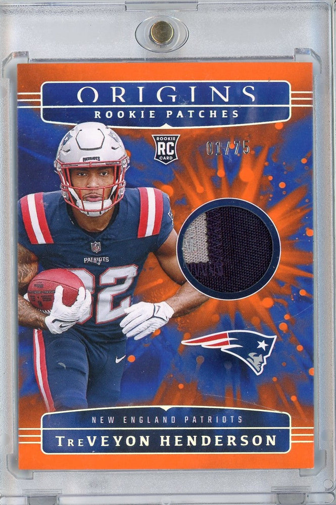 2025 Panini Origins TreVeyon Henderson #RPH-THN Rookie Patches Relic 01/75 New England Patriots Rookie RC Football Card (ONLINE ORDER ONLY)