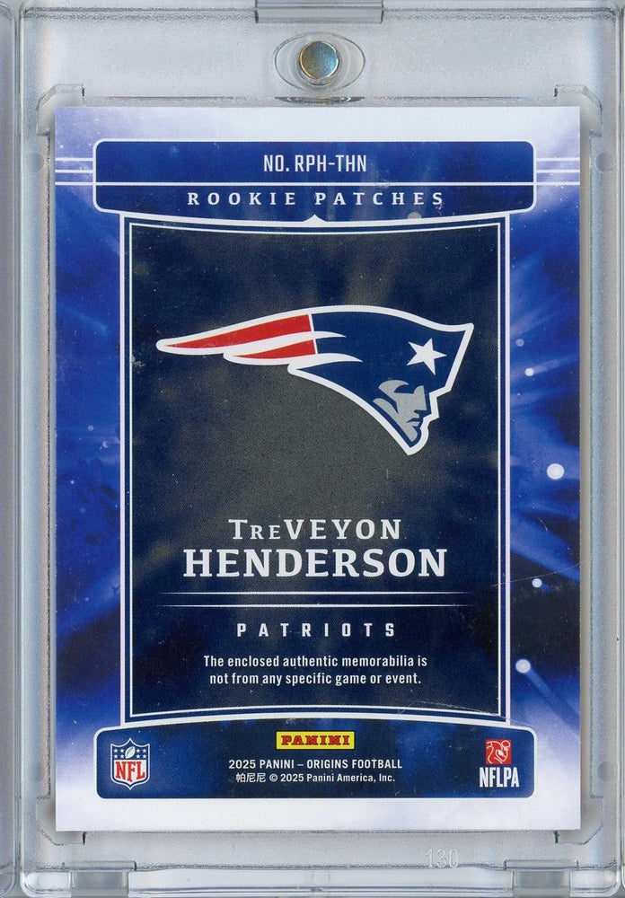 2025 Panini Origins TreVeyon Henderson #RPH-THN Rookie Patches Relic 01/75 New England Patriots Rookie RC Football Card (ONLINE ORDER ONLY)