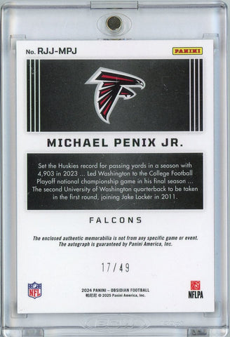 2024 Panini Obsidian Purple Auto Michael Penix Jr #RJJMPJ /49 Rookie RC Football Card (ONLINE ORDER ONLY)