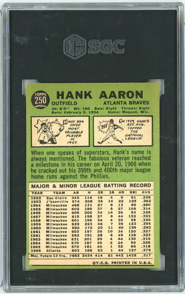 Graded 1967 Topps Hank Aaron #250 Baseball Card SGC 6.5 EX-NM+ (ONLINE ORDER ONLY)