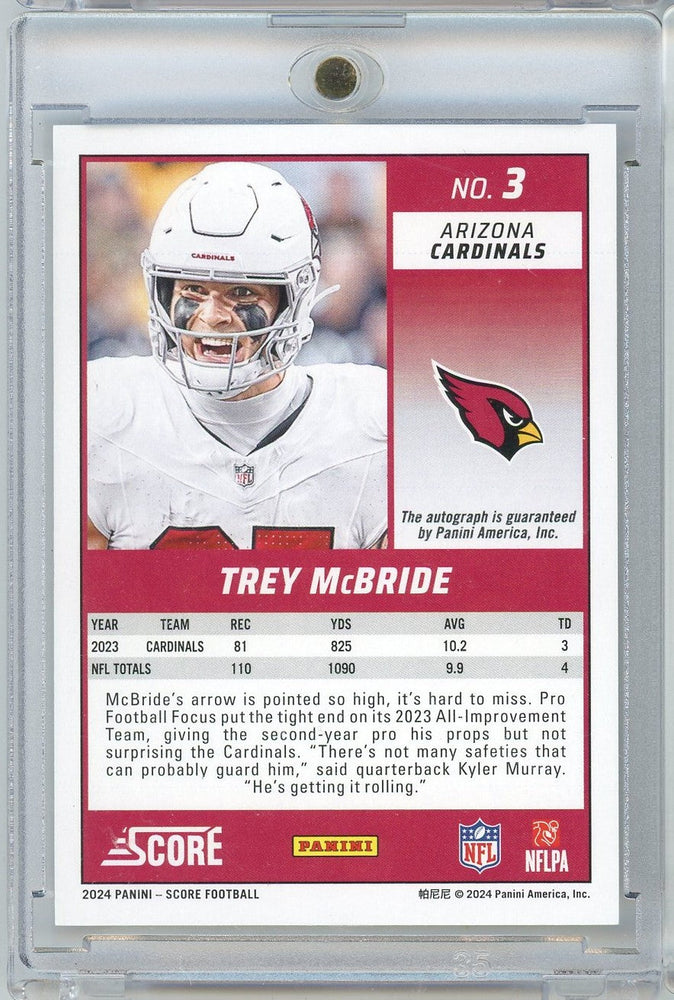 2024 Panini Score Trey McBride #3 Autographed Auto Football Card (ONLINE ORDER ONLY)