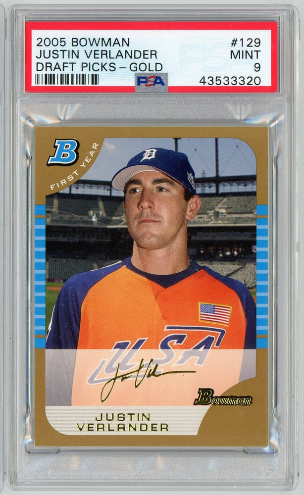 Graded 2005 Bowman Draft Picks Gold Justin Verlander #BDP129 Rookie RC Baseball Card PSA 9 Mint (ONLINE ORDER ONLY)