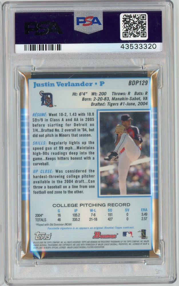 Graded 2005 Bowman Draft Picks Gold Justin Verlander #BDP129 Rookie RC Baseball Card PSA 9 Mint (ONLINE ORDER ONLY)