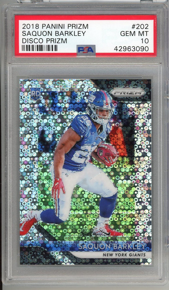 Graded 2018 Panini Prizm Disco Prizm Saquon Barkley #202 Rookie RC Football Card PSA 10 Gem Mint (ONLINE ORDER ONLY)