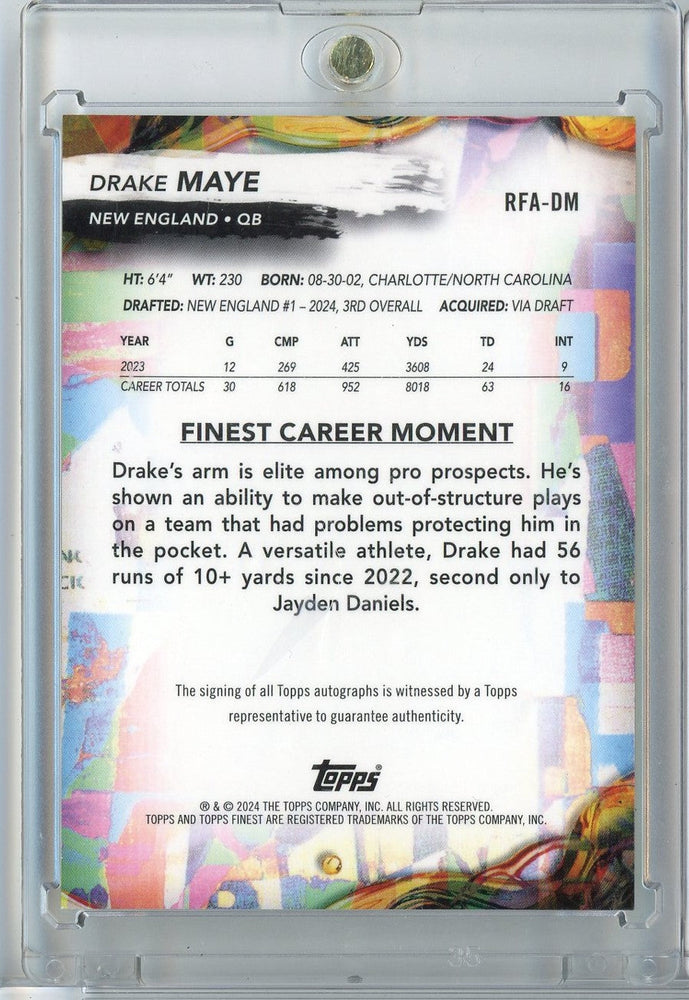 2024 Topps Finest Drake Maye #RFA-DM Auto New England Patriots Rookie RC Football Card (ONLINE ORDER ONLY)