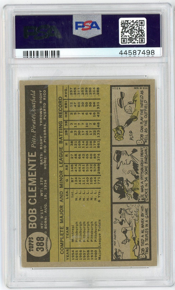 Graded 1961 Topps Bob Roberto Clemente #388 Baseball Card PSA 6 EX-MT (ONLINE ORDER ONLY)