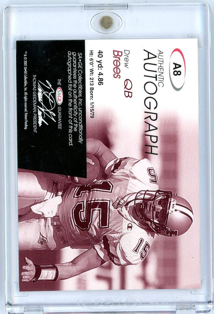 2001 Sage SA-GE Authentic Autographs Drew Brees #A8 /749 Rookie RC Football Card (ONLINE ORDER ONLY)