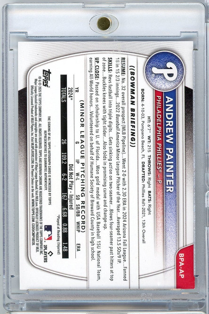 2025 Bowman Andrew Painter #BPAAP /250 Purple Autograph Rookie RC Baseball Card (ONLINE ORDER ONLY)