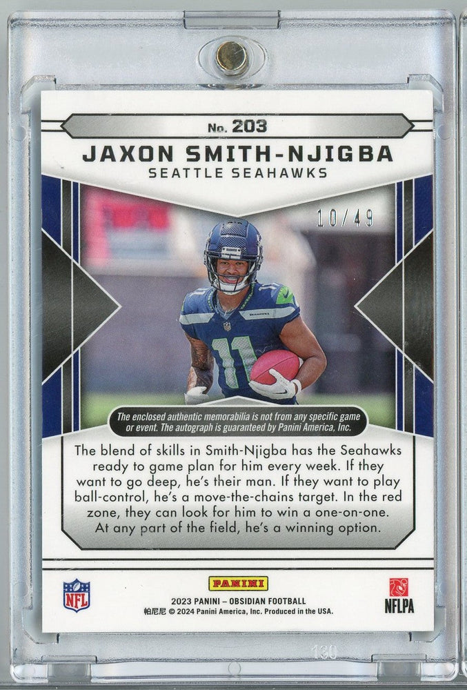 2023 Obsidian Jaxon Smith-Njigba #203 /49 Rookie Patch Auto Rookie RC Football Card (ONLINE ORDER ONLY)