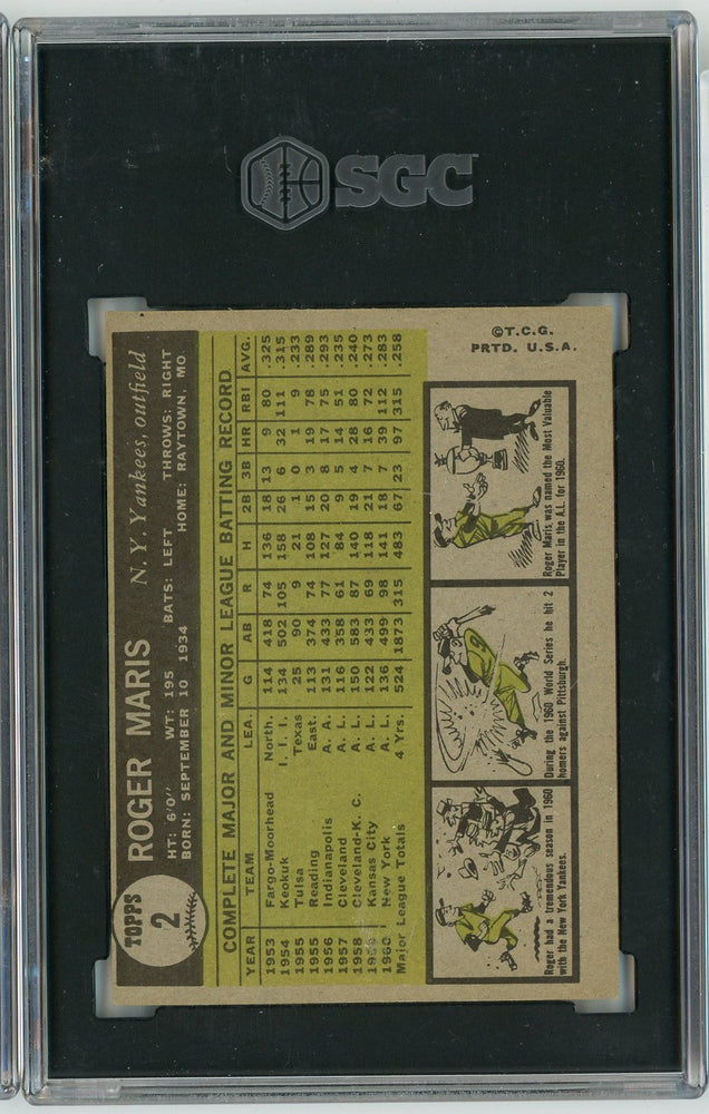 Graded 1961 Topps Roger Maris #2 Baseball Card SGC 7 Near Mint