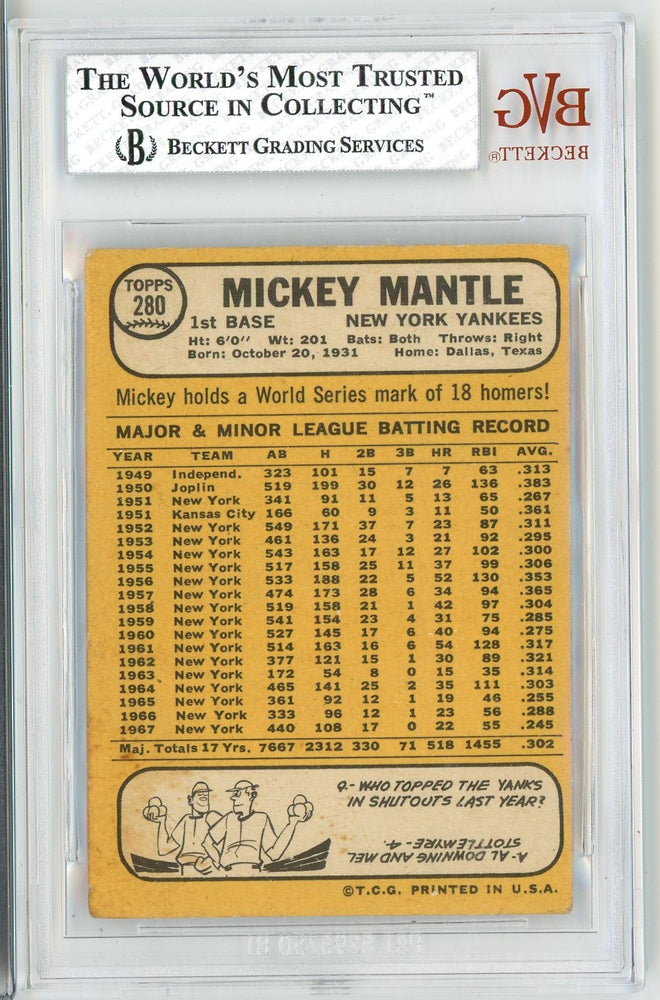 Graded 1968 Topps Mickey Mantle #280 Baseball Card BGS 3 Very Good