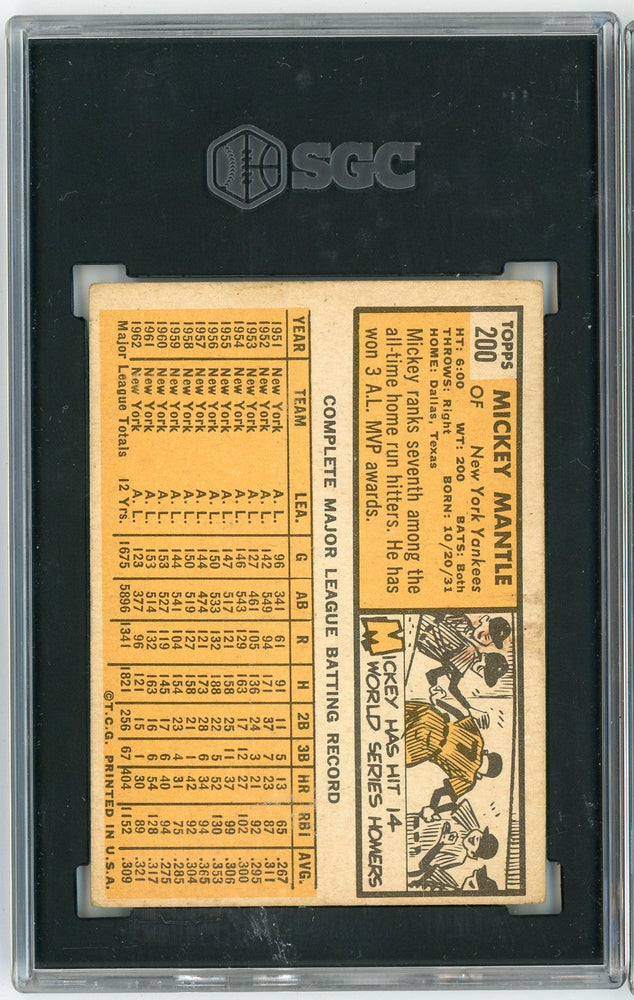 Graded 1963 Topps Mickey Mantle #200 Baseball Card SGC 3 Very Good