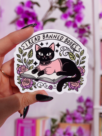 I Read Banned Books Sticker – Black Cat Reading Vinyl Decal – Feminist Book Lover Waterproof (Online Order Only)