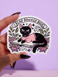 I Read Banned Books Sticker – Black Cat Reading Vinyl Decal – Feminist Book Lover Waterproof (Online Order Only)