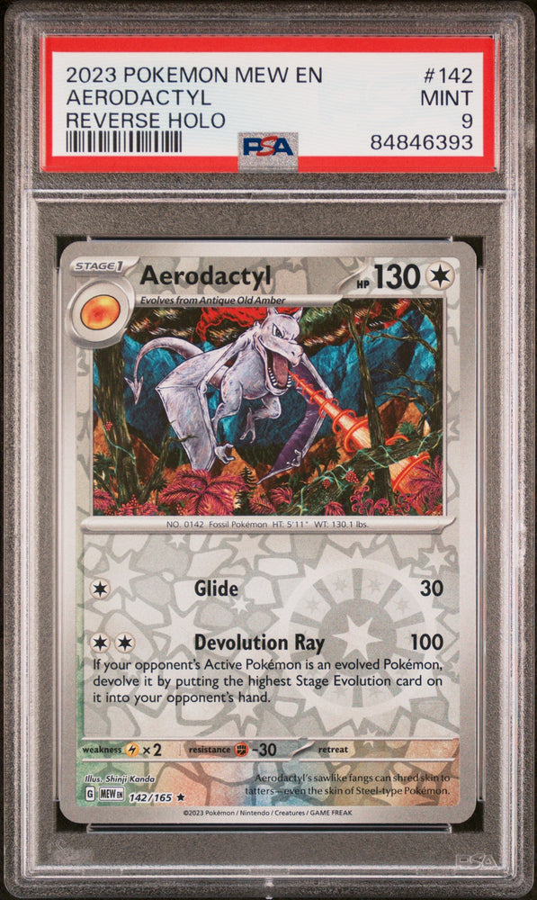 2023 POKEMON MEW EN-151 AERODACTYL REVERSE HOLO #142 - PSA 9 (Online Order Only)