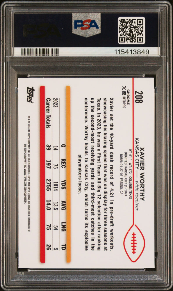 Graded 2024 Topps Chrome Xavier Worthy #208 Rookie RC Football Card PSA 9 Mint (ONLINE ORDER ONLY)