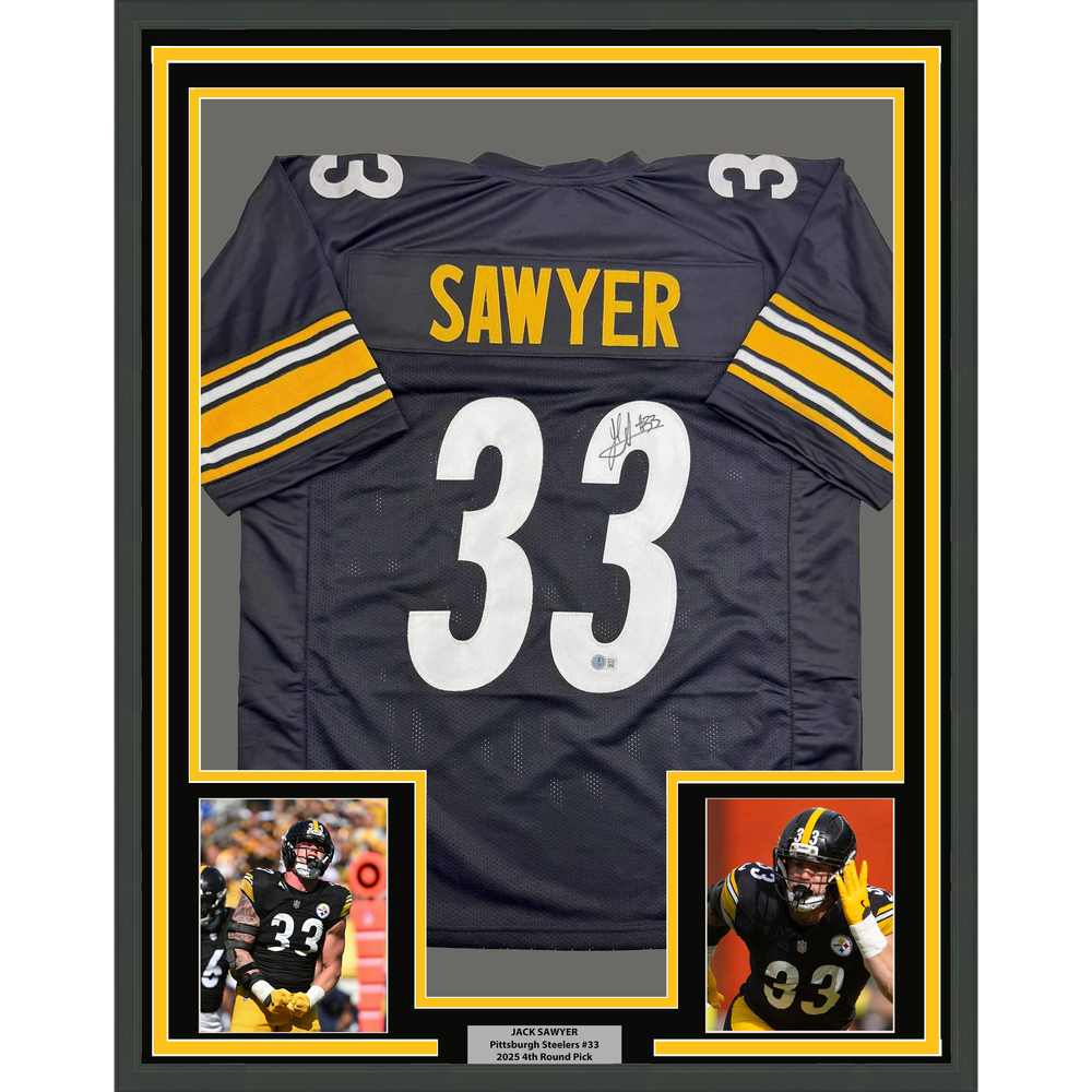 Framed Autographed/Signed Jack Sawyer 35x39 Pittsburgh Black Football Jersey Beckett BAS COA