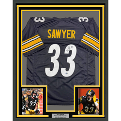 Framed Autographed/Signed Jack Sawyer 35x39 Pittsburgh Black Football Jersey Beckett BAS COA
