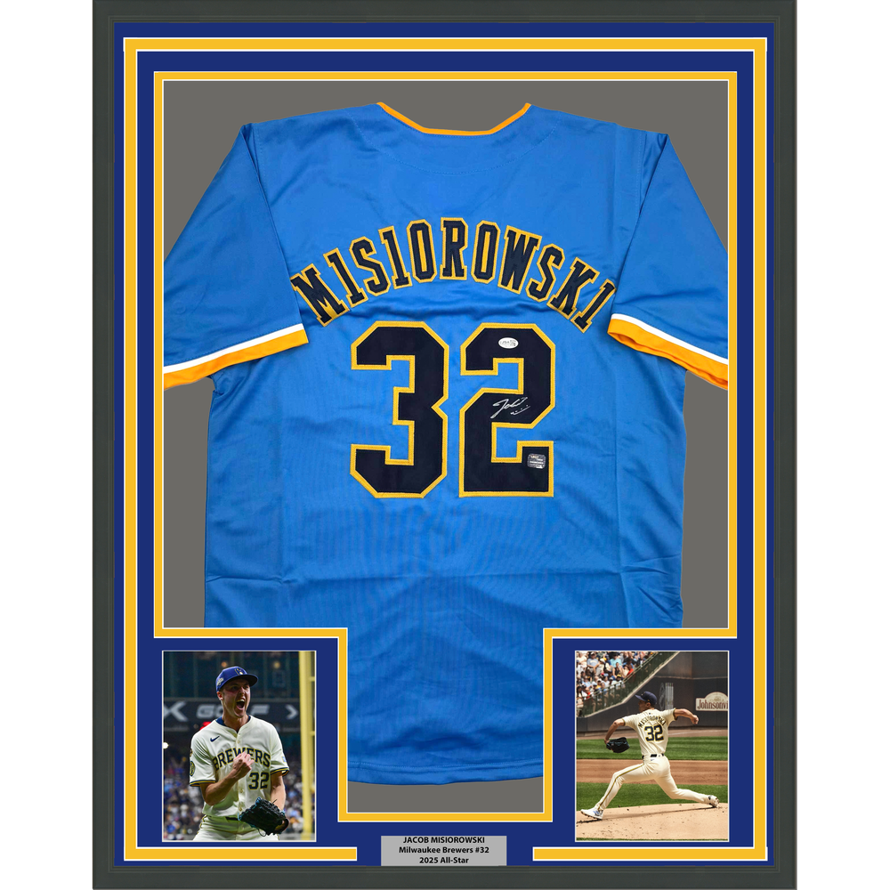 Framed Autographed/Signed Jacob Misiorowski 35x39 Milwaukee Blue Baseball Jersey JSA COA