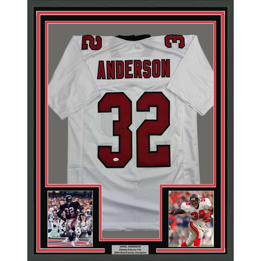 Framed Autographed/Signed Jamal Anderson 35x39 Atlanta White Football Jersey JSA COA