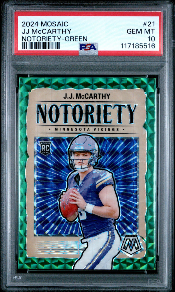 Graded 2024 Panini Mosaic JJ McCarthy #21 Notoriety Green Rookie RC Football Card PSA 10 Gem Mint (ONLINE ORDER ONLY)