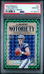 Graded 2024 Panini Mosaic JJ McCarthy #21 Notoriety Green Rookie RC Football Card PSA 10 Gem Mint (ONLINE ORDER ONLY)