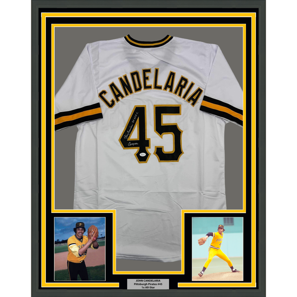 Framed Autographed/Signed John Candelaria 35x39 Pittsburgh White Baseball Jersey JSA COA