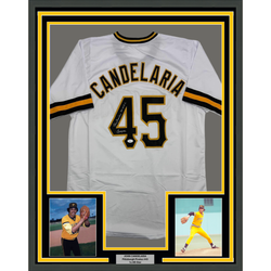 Framed Autographed/Signed John Candelaria 35x39 Pittsburgh White Baseball Jersey JSA COA