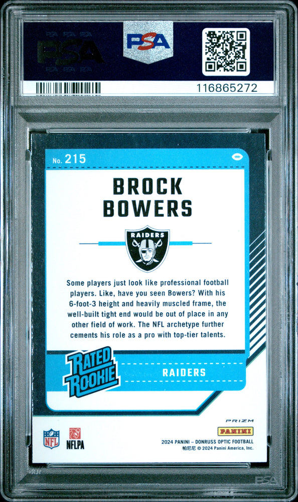 Graded 2024 Panini Donruss Optic Brock Bowers #215 Purple Shock Rookie RC Football Card PSA 10 Gem Mint (ONLINE ORDER ONLY)