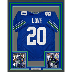 Framed Autographed/Signed Julian Love 35x39 Seattle Blue Retro Football Jersey JSA COA