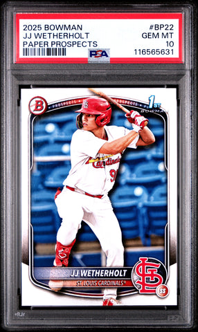 Graded 2025 Topps Bowman JJ Wetherholt #BP22 Paper Prospects Rookie RC Baseball Card PSA 10 Gem Mint (ONLINE ORDER ONLY)