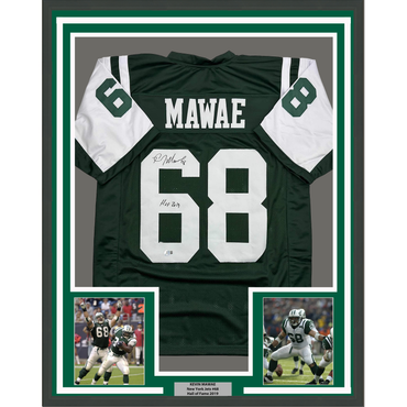 Framed Autographed/Signed Kevin Mawae 35x39 HOF 2019 New York Green Football Jersey Beckett BAS COA