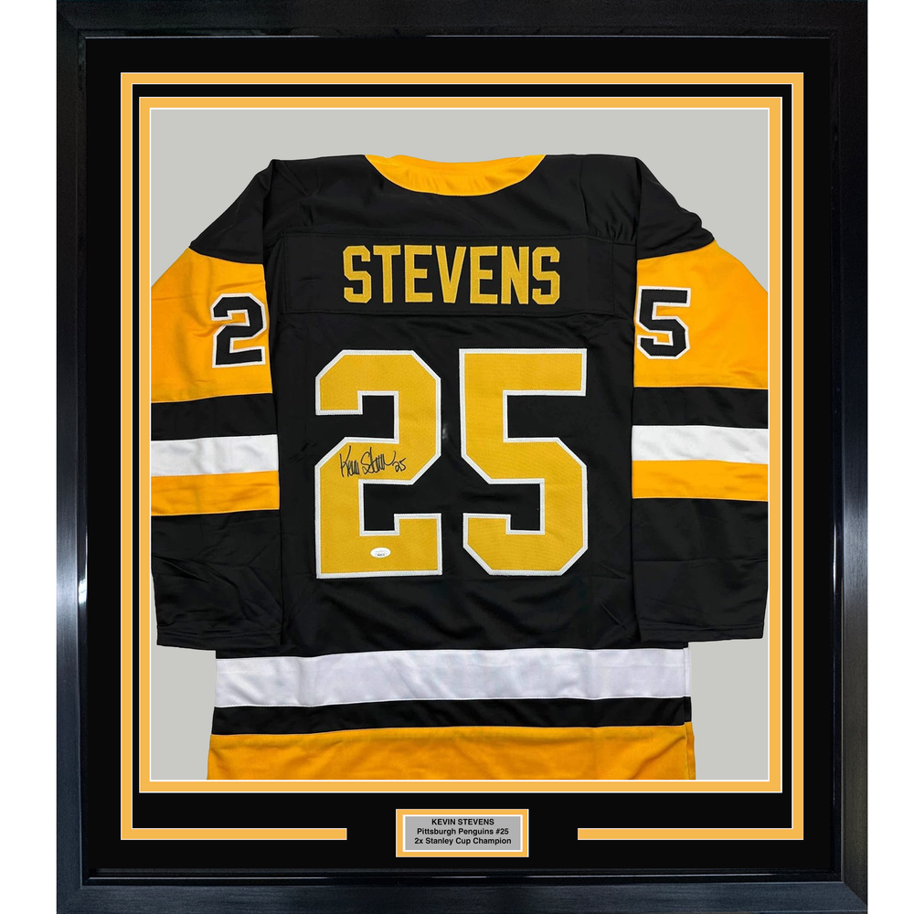 Framed Autographed/Signed Kevin Stevens 35x39 Pittsburgh Black Hockey Jersey JSA COA