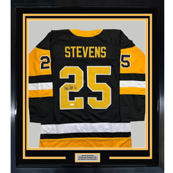 Framed Autographed/Signed Kevin Stevens 35x39 Pittsburgh Black Hockey Jersey JSA COA