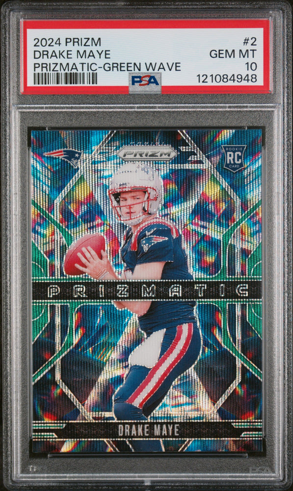 Graded 2024 Panini Prizm Drake Maye #2 Prizmatic Green Wave Rookie RC Football Card PSA 10 Gem Mint (ONLINE ORDER ONLY)