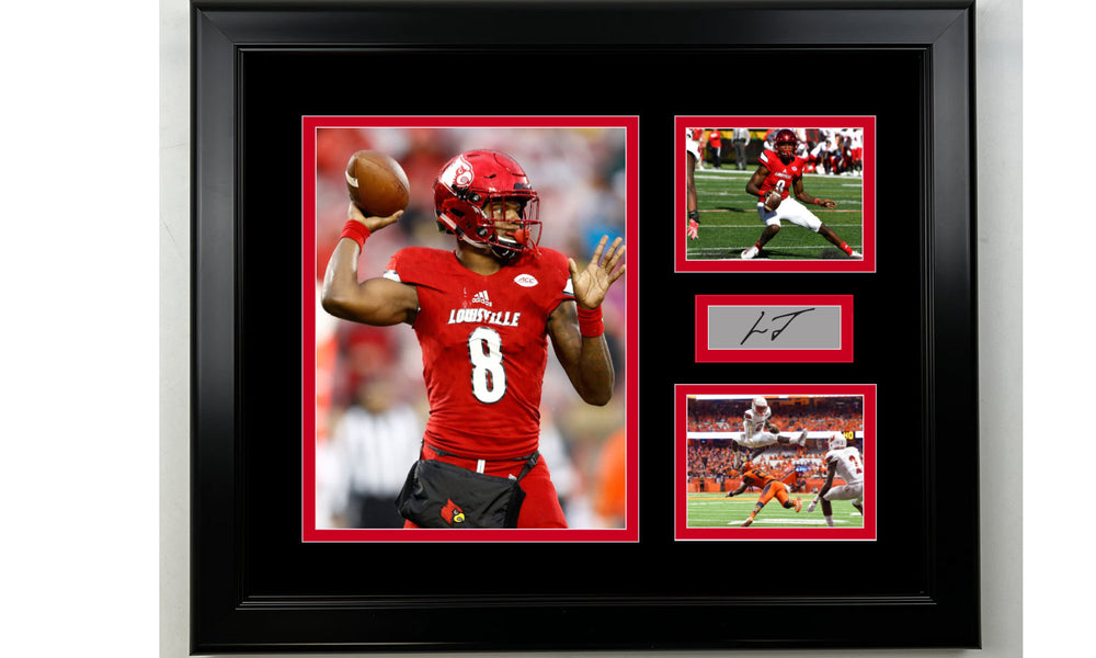 Framed Lamar Jackson Louisville Cardinals Facsimile Laser Engraved Signature NCAA Football 14x11 3 Photo Collage (ONLINE ORDER ONLY)