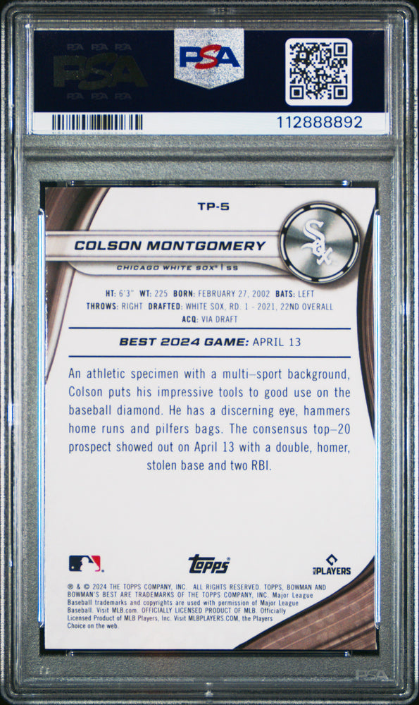 Graded 2024 Topps Bowmans Best Colson Montgomery #TP5 Top Prospects Yellow Lazer /75 Rookie RC Baseball Card PSA 10 Gem Mint (ONLINE ORDER ONLY)
