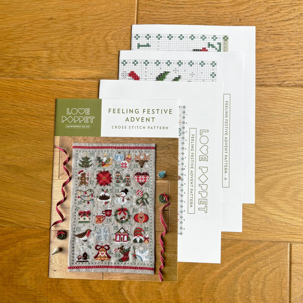 Feeling Festive Advent Printed Cross Stitch Pattern – Love Poppet Christmas Design (ONLINE ORDER ONLY)