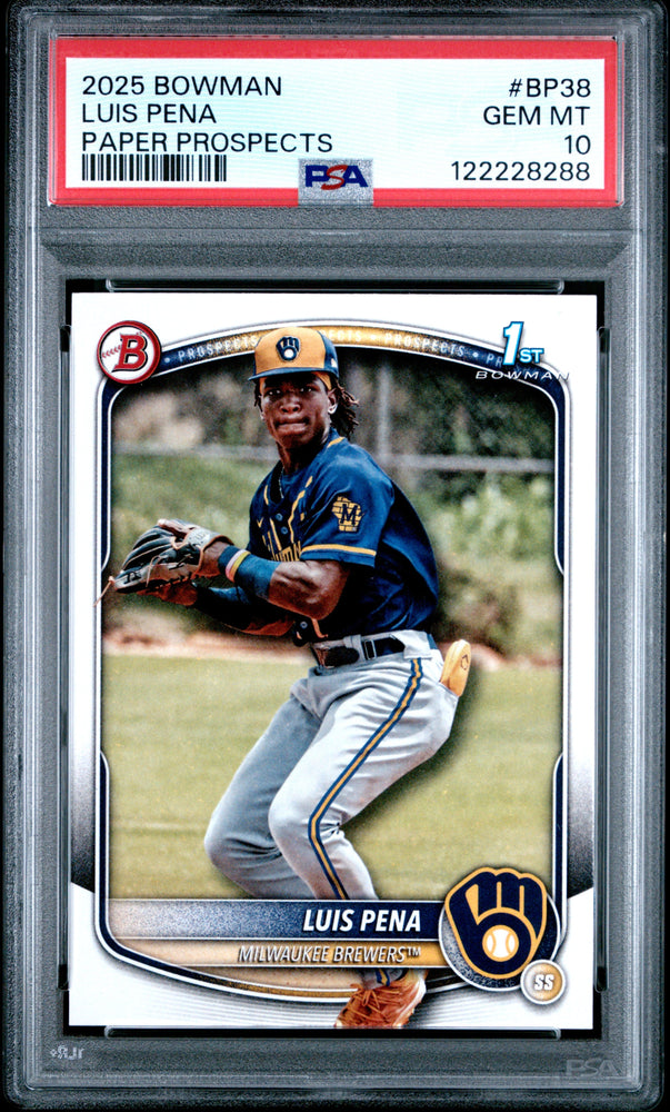 Graded 2025 Topps Bowman Luis Pena #BP38 Paper Prospects Rookie RC Baseball Card PSA 10 Gem Mint (ONLINE ORDER ONLY)