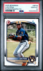 Graded 2025 Topps Bowman Luis Pena #BP38 Paper Prospects Rookie RC Baseball Card PSA 10 Gem Mint (ONLINE ORDER ONLY)