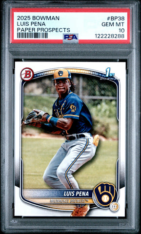 Graded 2025 Topps Bowman Luis Pena #BP38 Paper Prospects Rookie RC Baseball Card PSA 10 Gem Mint (ONLINE ORDER ONLY)