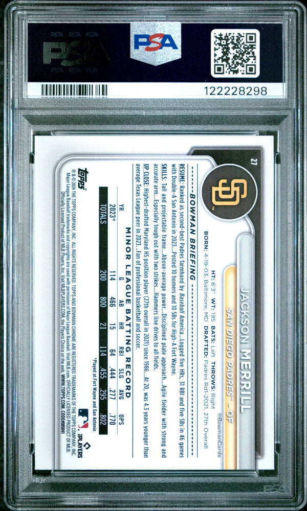 Graded 2024 Topps Bowman Chrome Jackson Merrill #27 Rookie RC Baseball Card PSA 9 Mint (ONLINE ORDER ONLY)