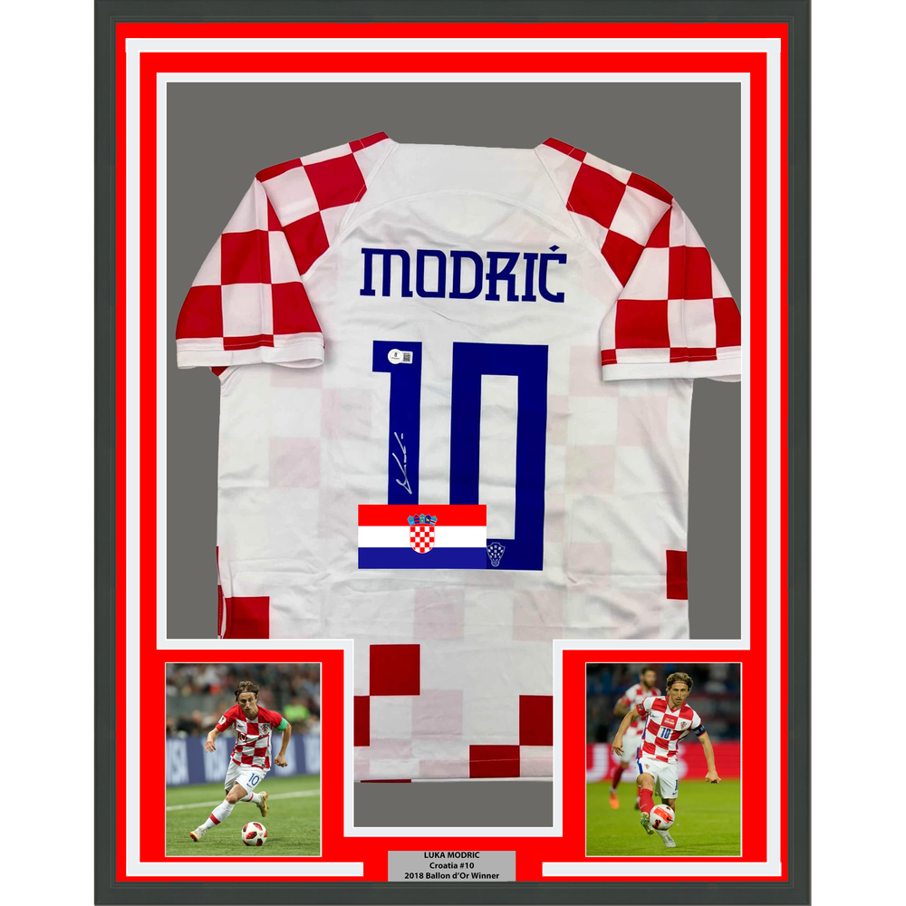 Framed Autographed/Signed Luka Modric 35x39 Croatia White Soccer Jersey Beckett BAS COA
